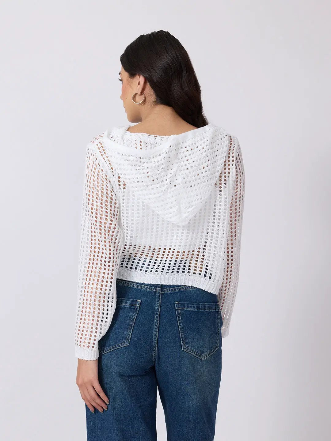 Women's White Open Knit Short Hooded Long Sleeve Top with Drawstrings