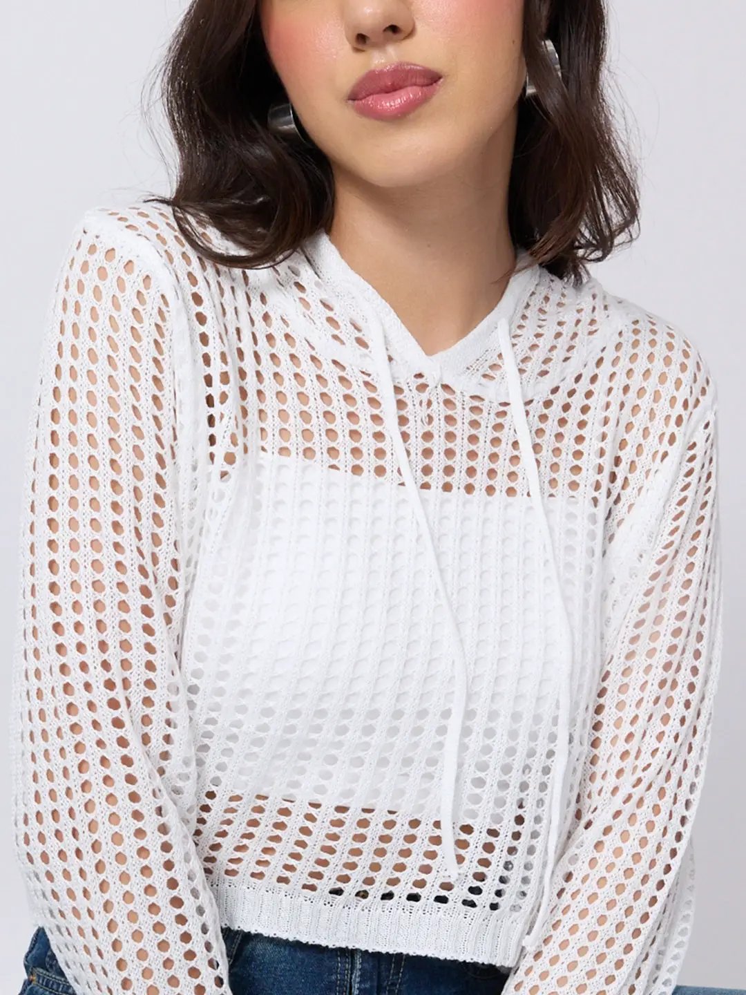 Women's White Open Knit Short Hooded Long Sleeve Top with Drawstrings