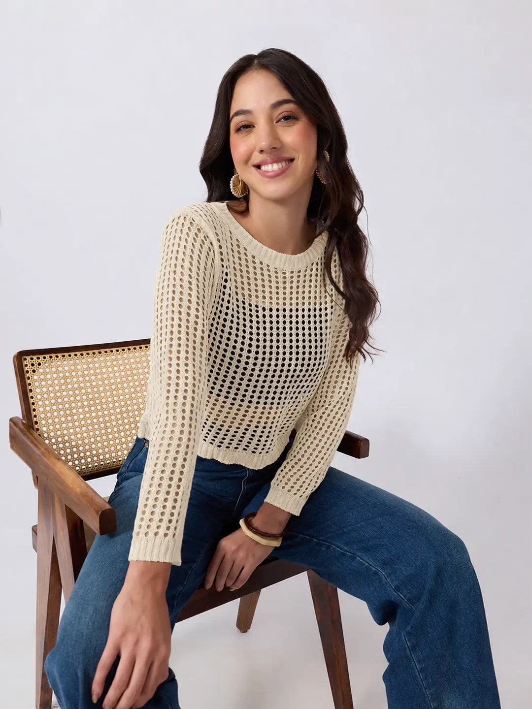 Women's Beige Open Knit Crochet Long Sleeve Short Top