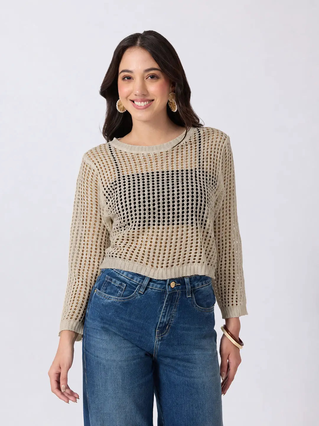 Women's Beige Open Knit Crochet Long Sleeve Short Top