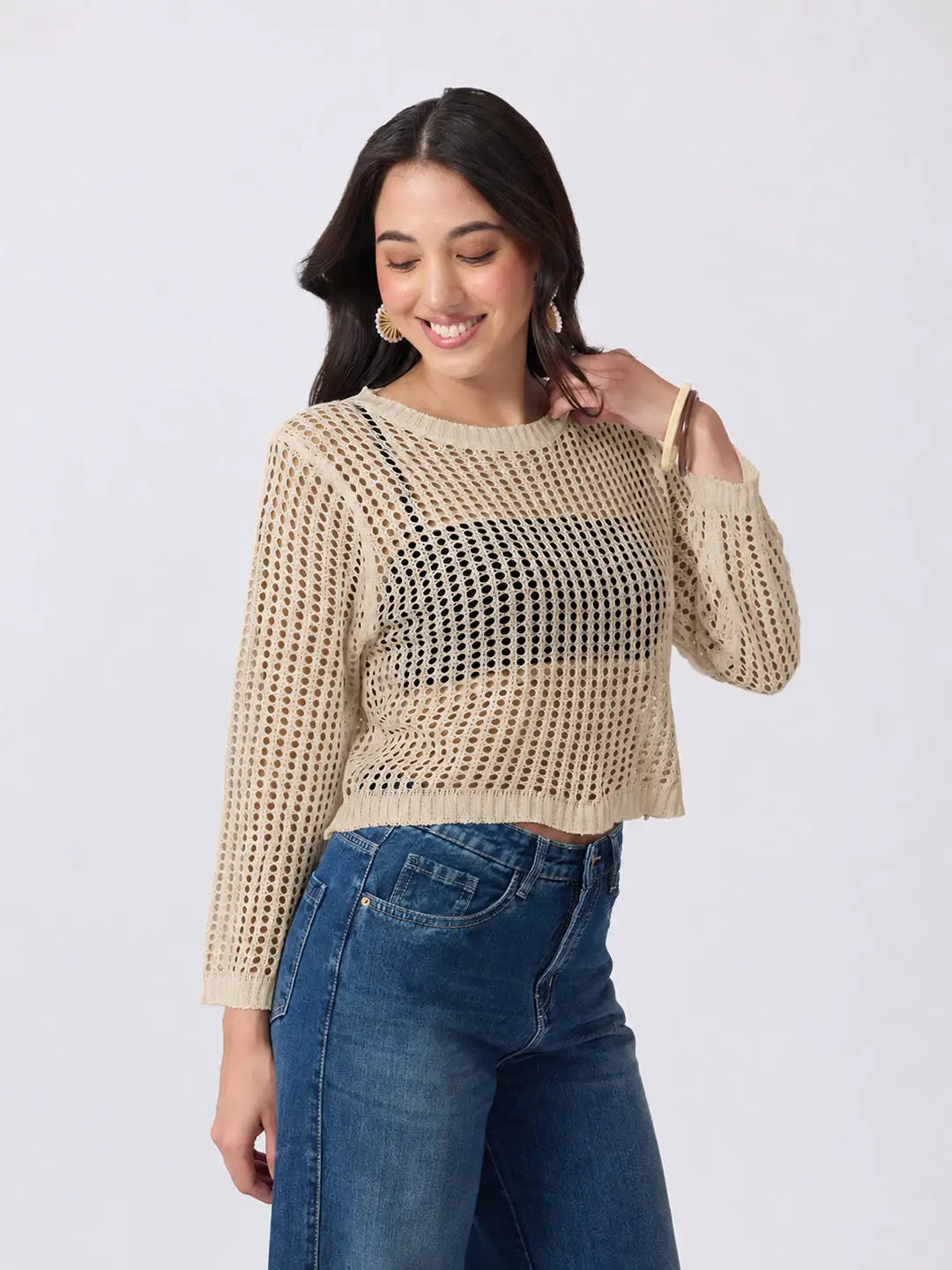 Women's Beige Open Knit Crochet Long Sleeve Short Top