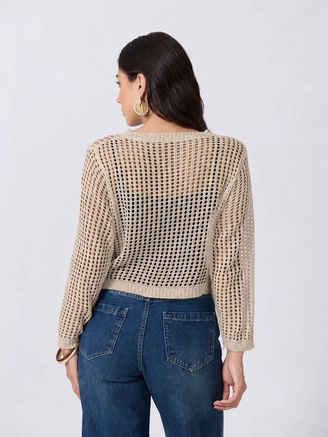 Women's Beige Open Knit Crochet Long Sleeve Short Top