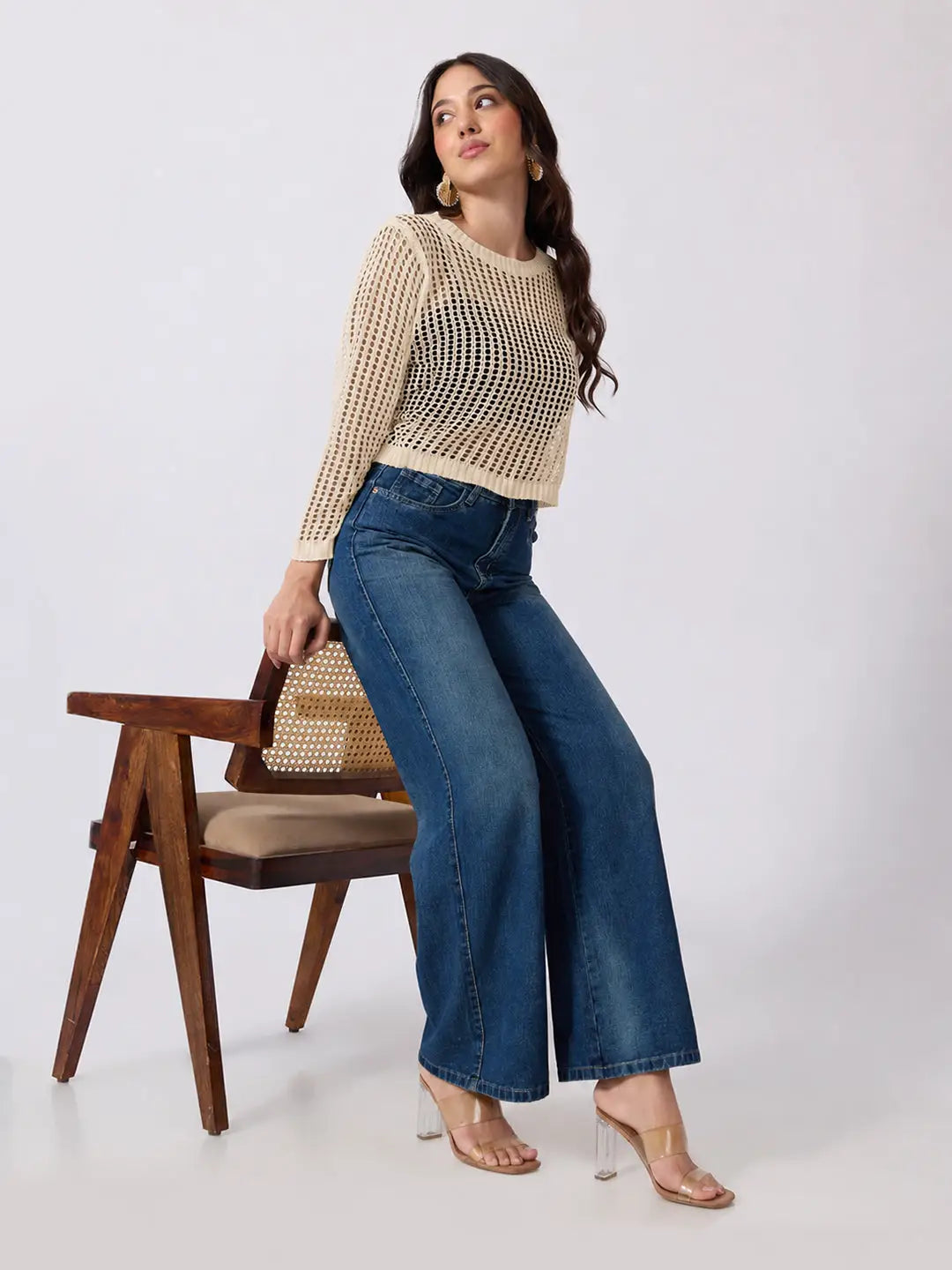 Women's Beige Open Knit Crochet Long Sleeve Short Top