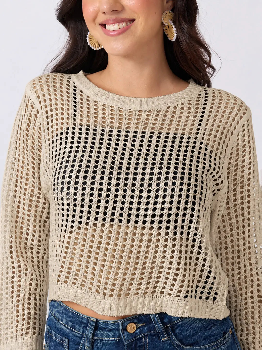 Women's Beige Open Knit Crochet Long Sleeve Short Top