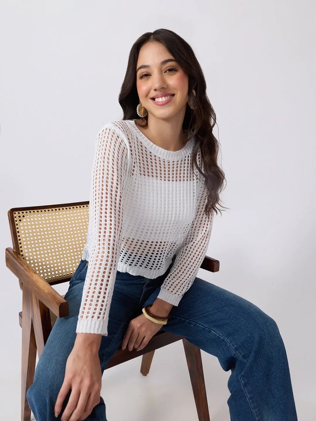 Women's White Open Knit Crochet Long Sleeve Short Top