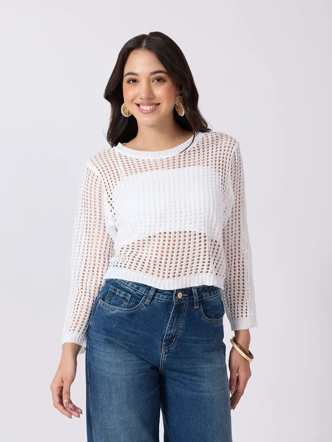 Women's White Open Knit Crochet Long Sleeve Short Top