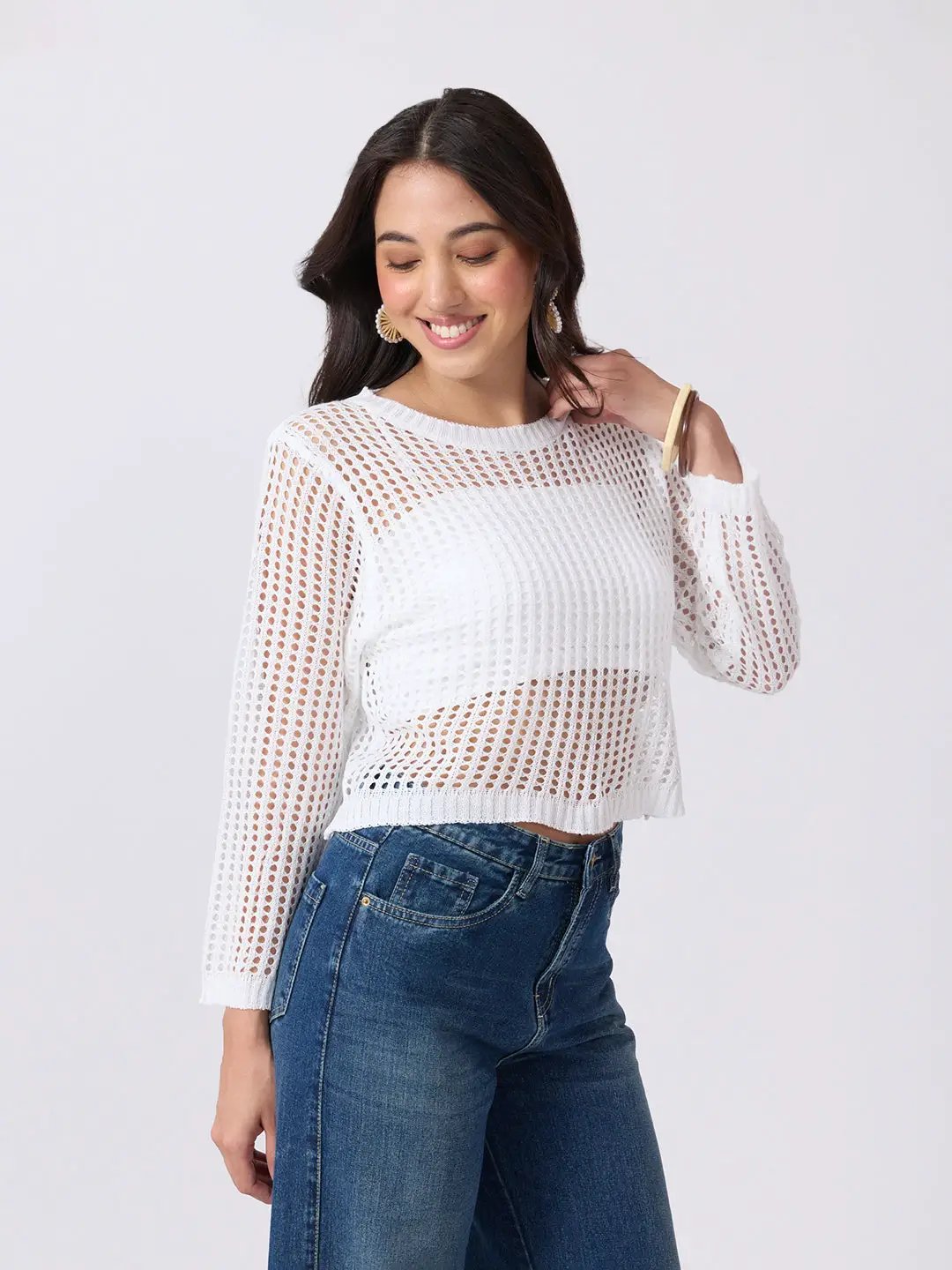 Women's White Open Knit Crochet Long Sleeve Short Top