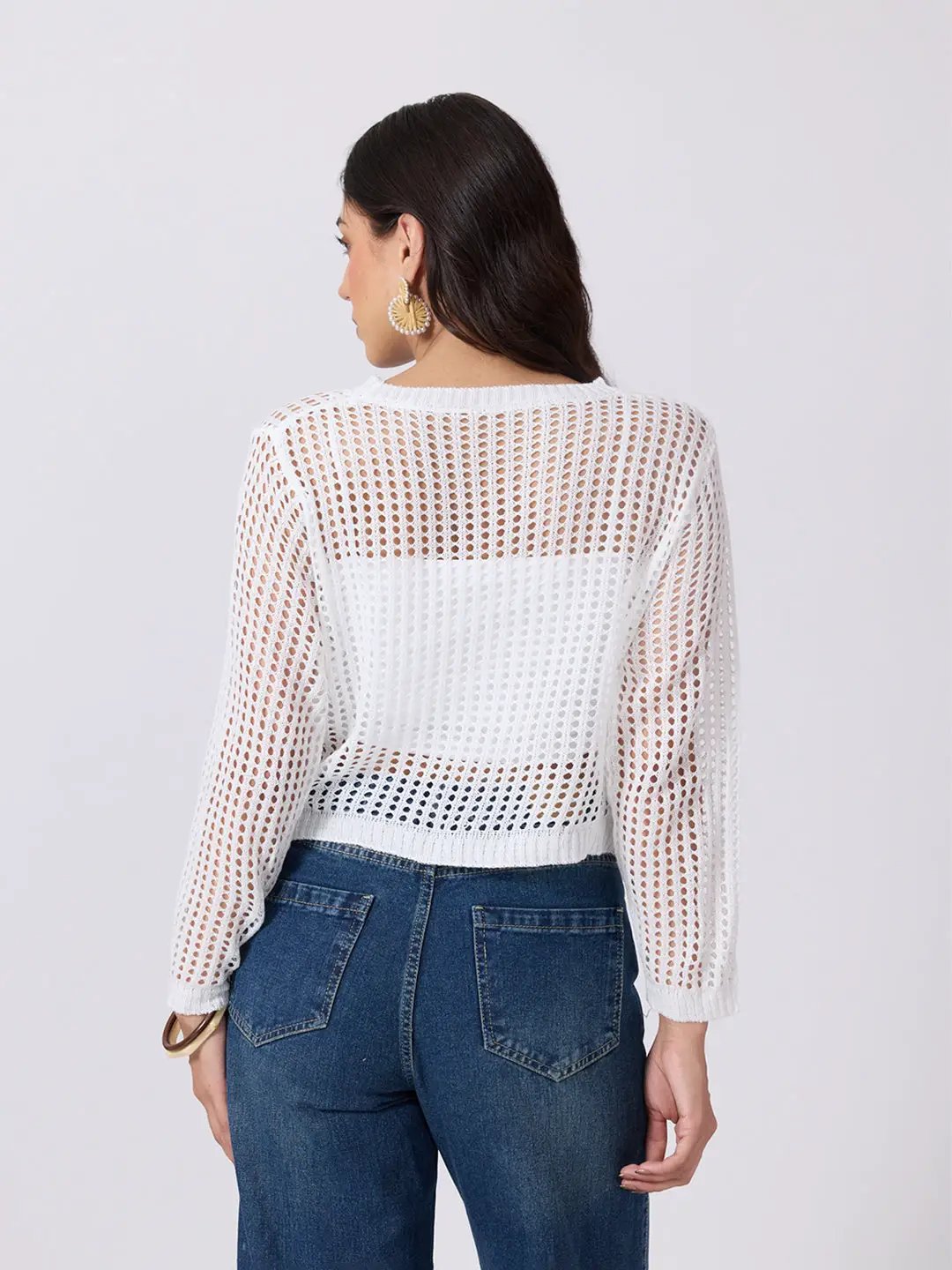 Women's White Open Knit Crochet Long Sleeve Short Top