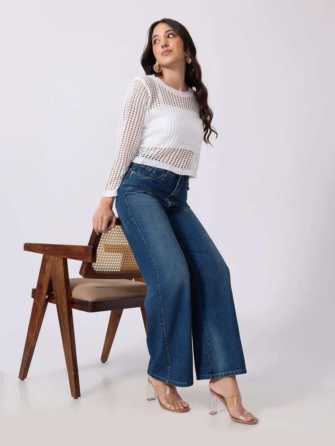 Women's White Open Knit Crochet Long Sleeve Short Top