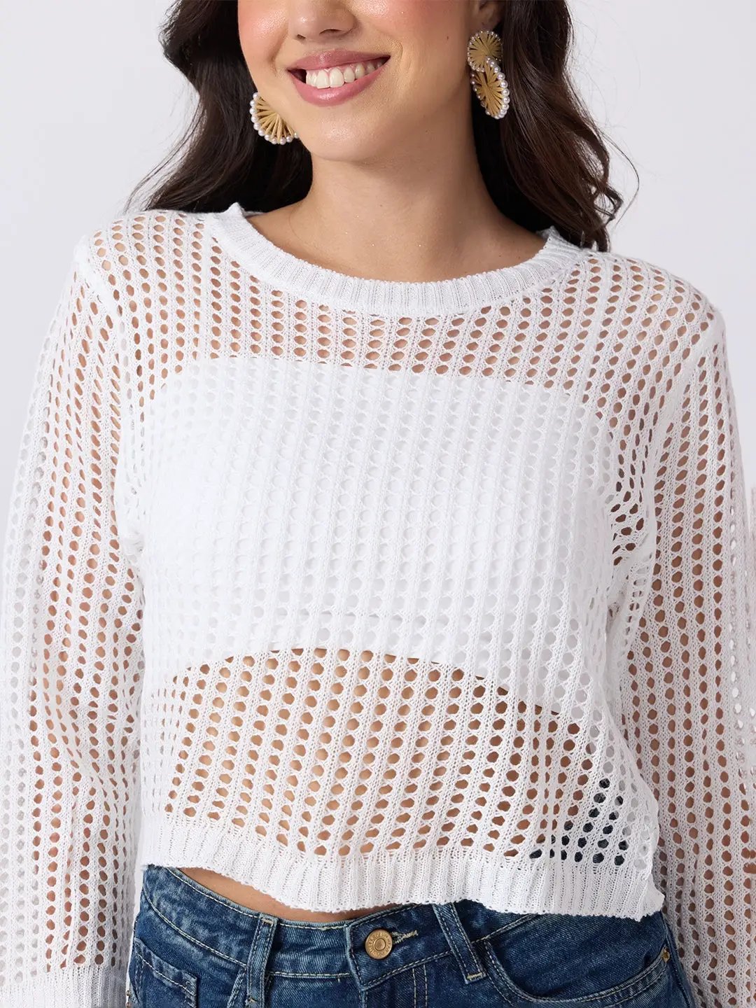 Women's White Open Knit Crochet Long Sleeve Short Top