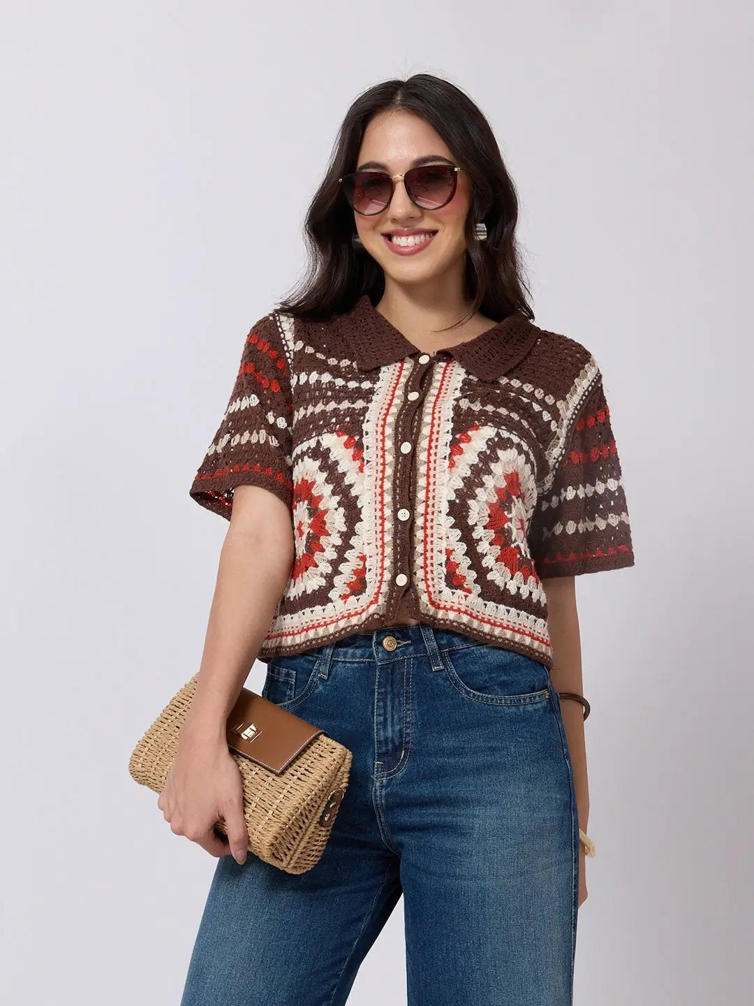 Women's Brown Crochet Short Sleeve Collared Top