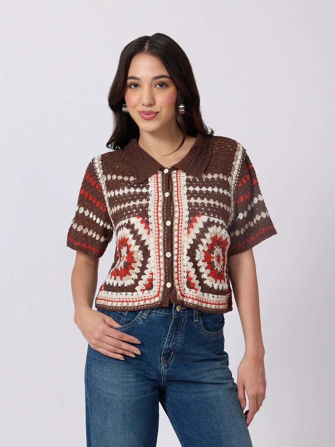 Women's Brown Crochet Short Sleeve Collared Top