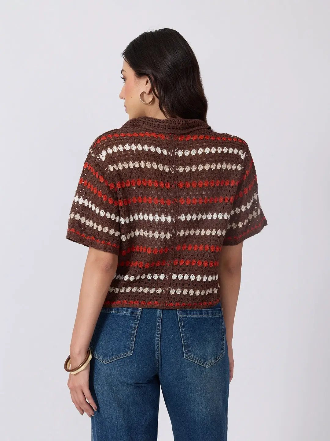 Women's Brown Crochet Short Sleeve Collared Top