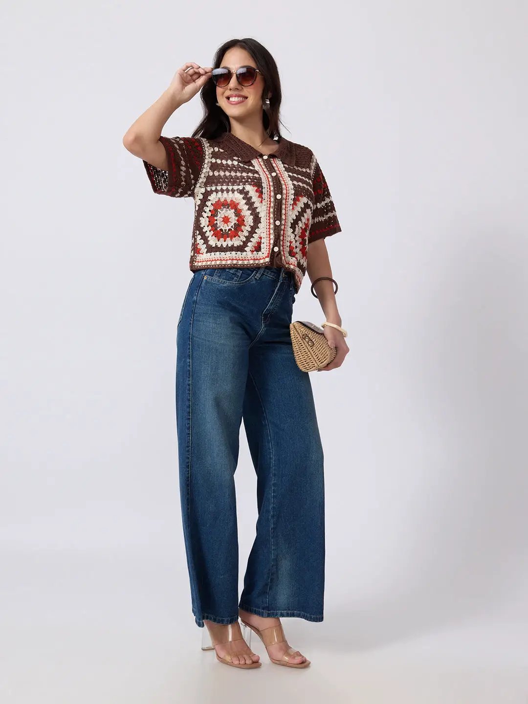 Women's Brown Crochet Short Sleeve Collared Top