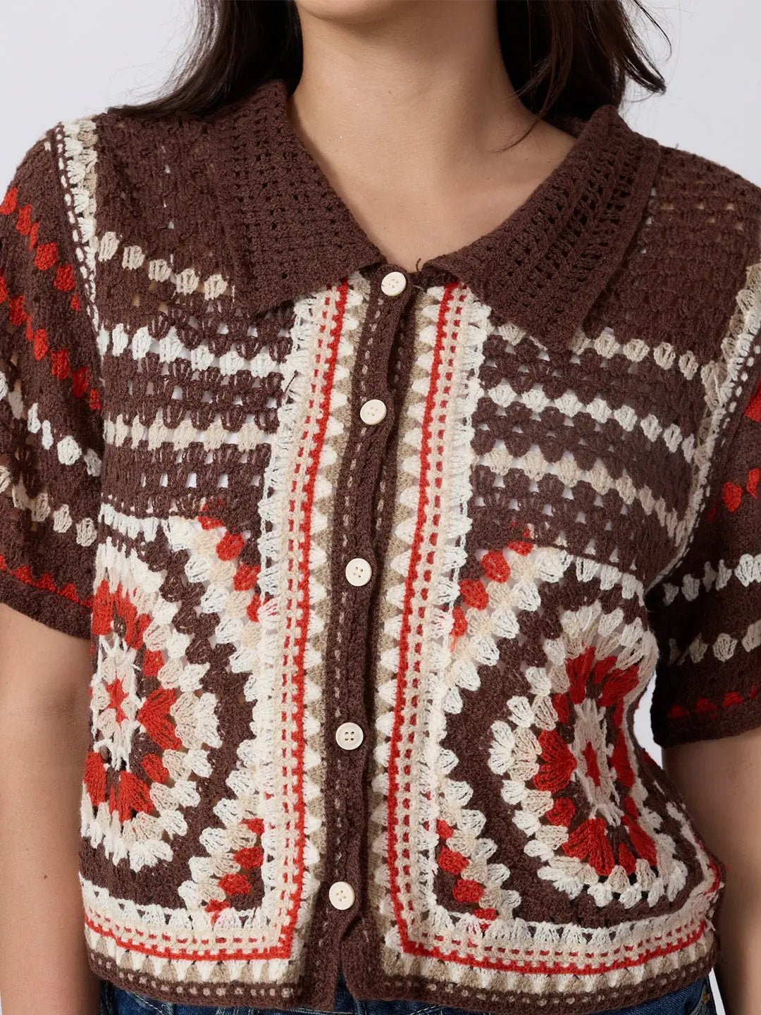 Women's Brown Crochet Short Sleeve Collared Top
