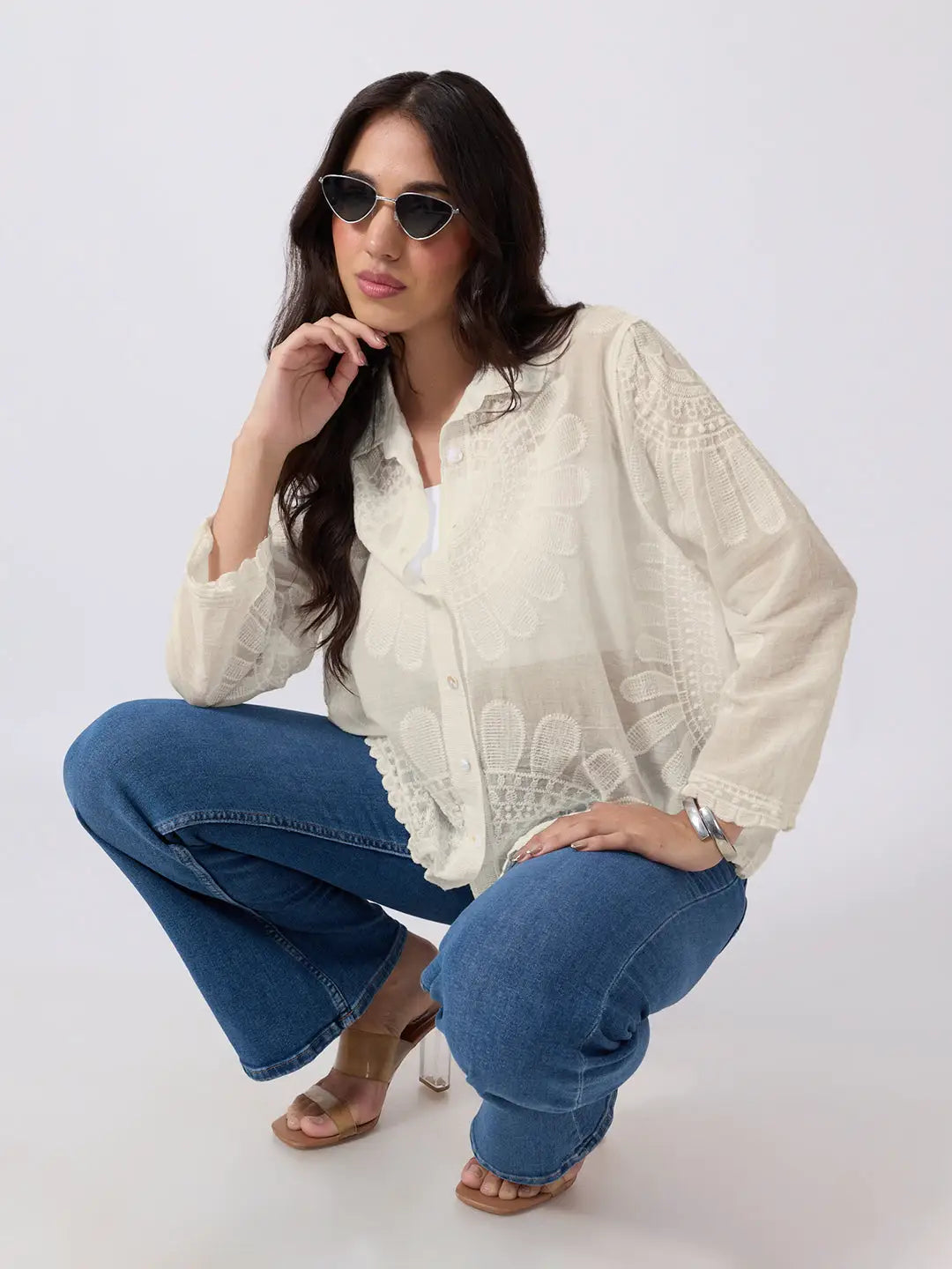 Women's Cream Floral Embroidered Shirt with Collar Neck and Scalloped Hem
