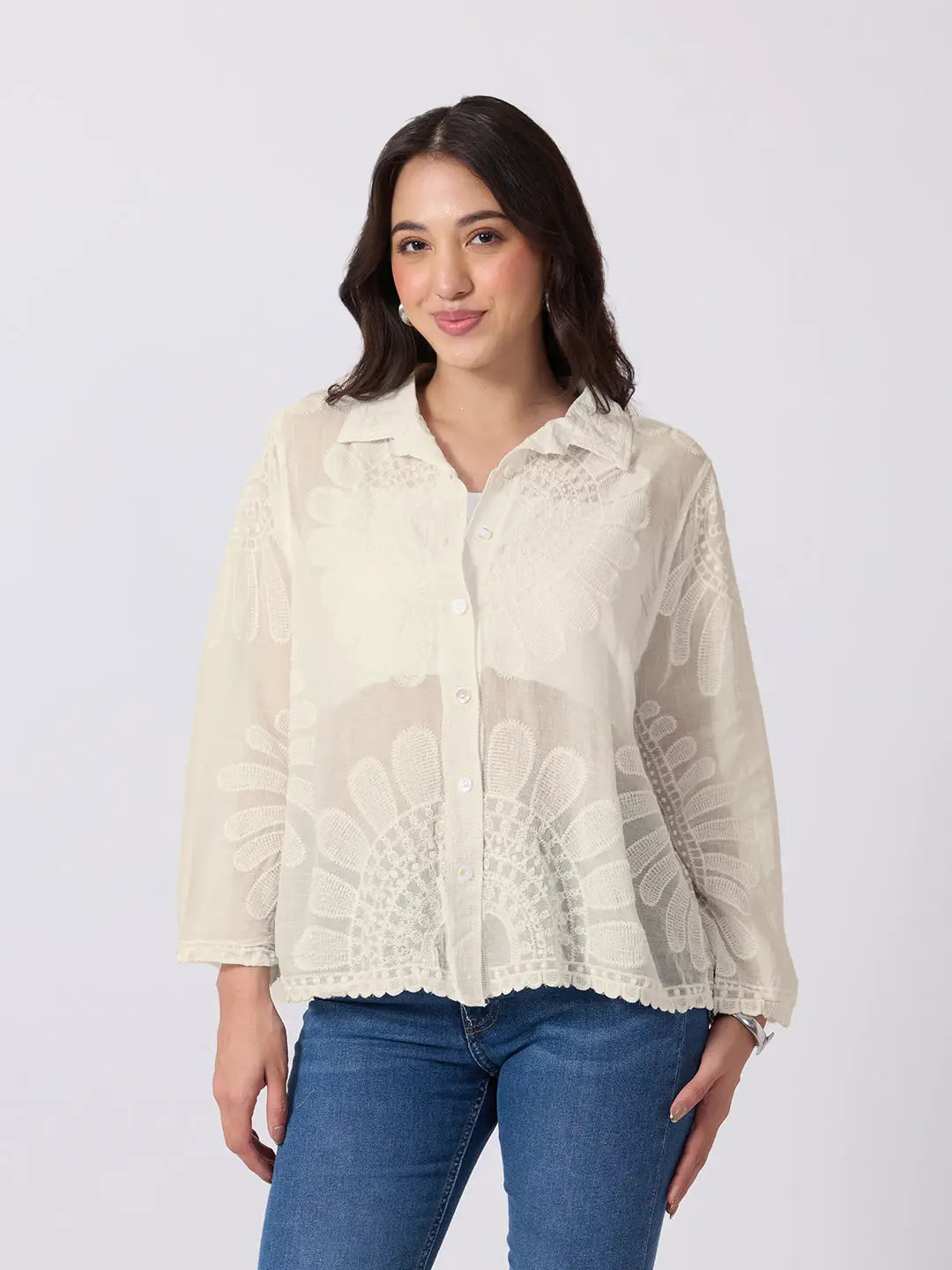 Women's Cream Floral Embroidered Shirt with Collar Neck and Scalloped Hem