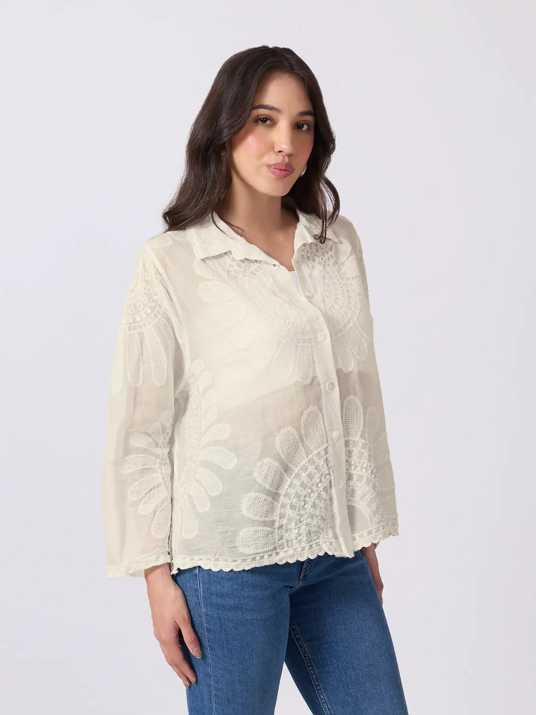 Women's Cream Floral Embroidered Shirt with Collar Neck and Scalloped Hem