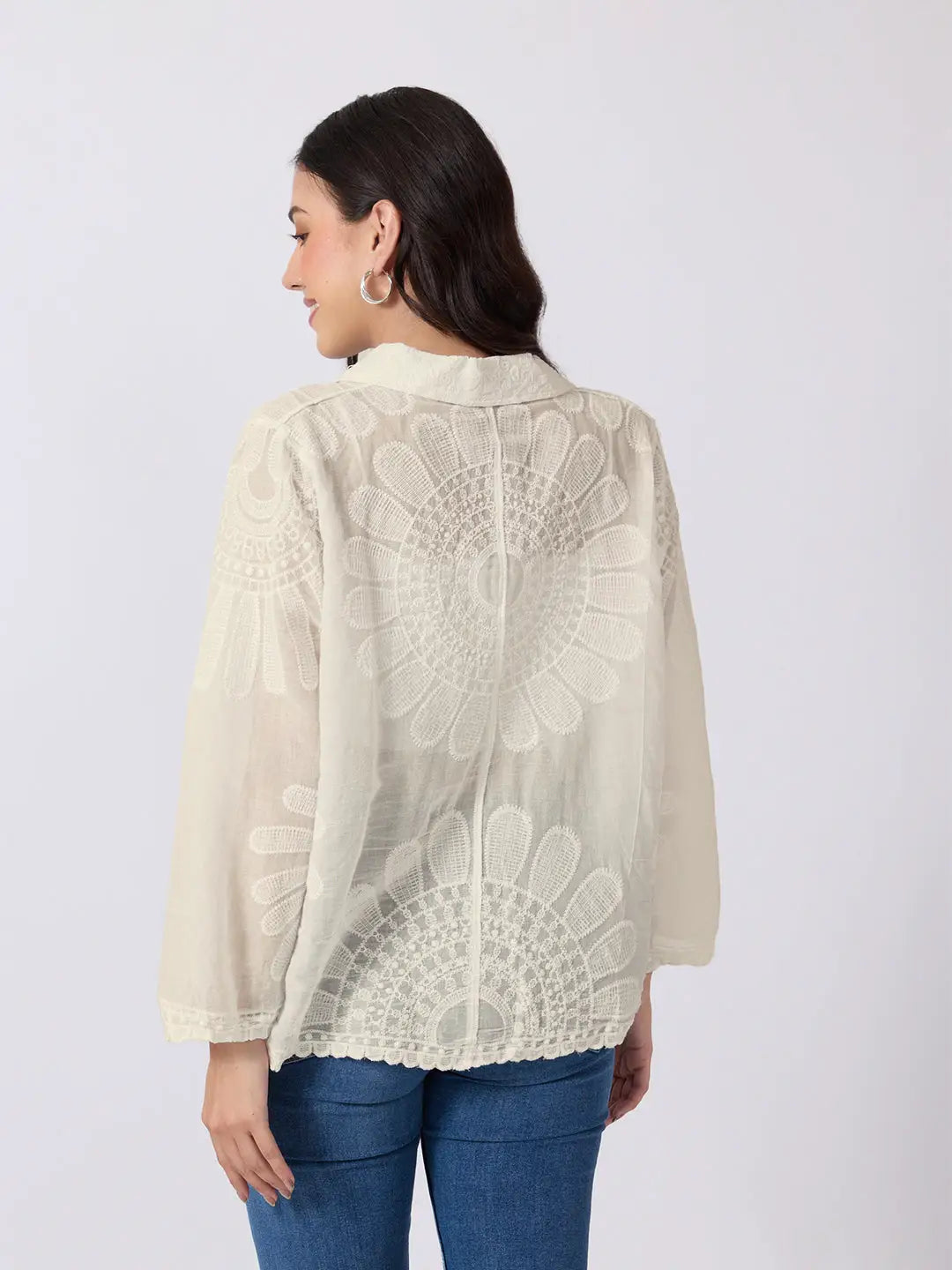 Women's Cream Floral Embroidered Shirt with Collar Neck and Scalloped Hem