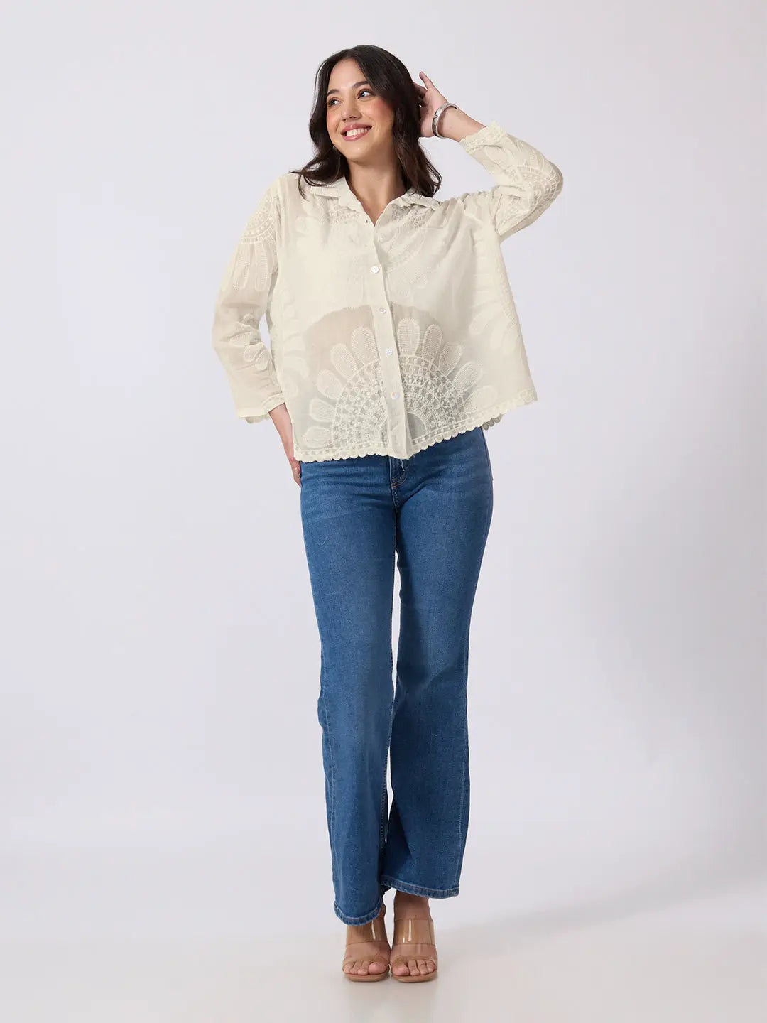 Women's Cream Floral Embroidered Shirt with Collar Neck and Scalloped Hem