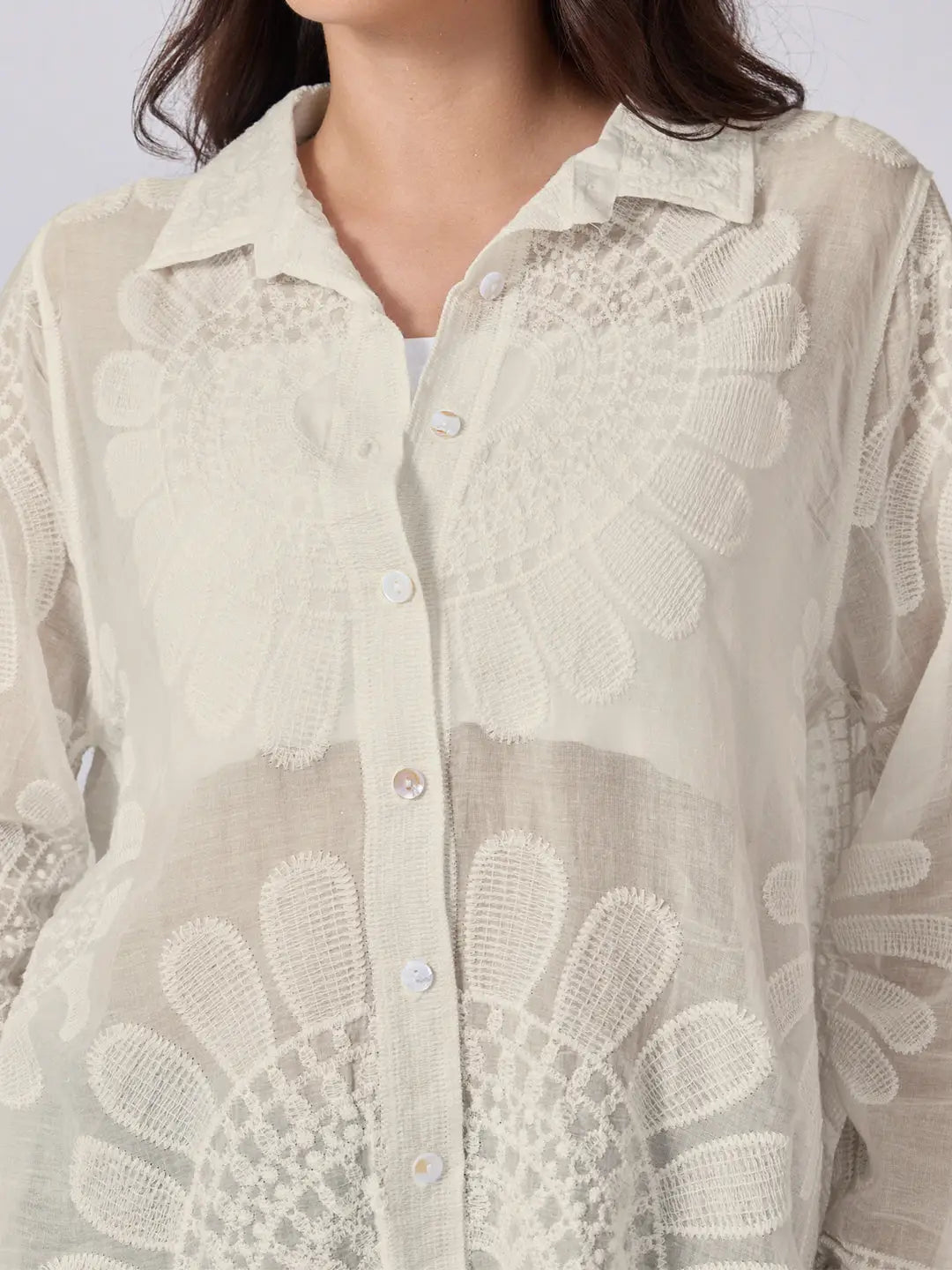 Women's Cream Floral Embroidered Shirt with Collar Neck and Scalloped Hem