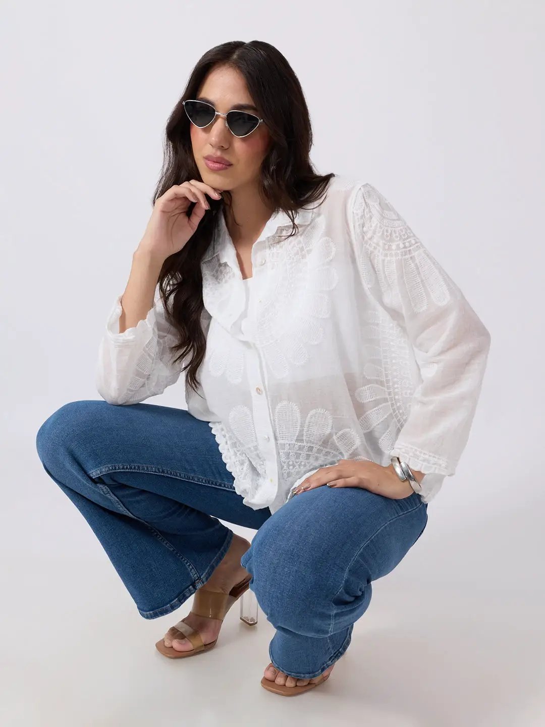 Women's White Floral Embroidered Shirt with Collar Neck and Scalloped Hem