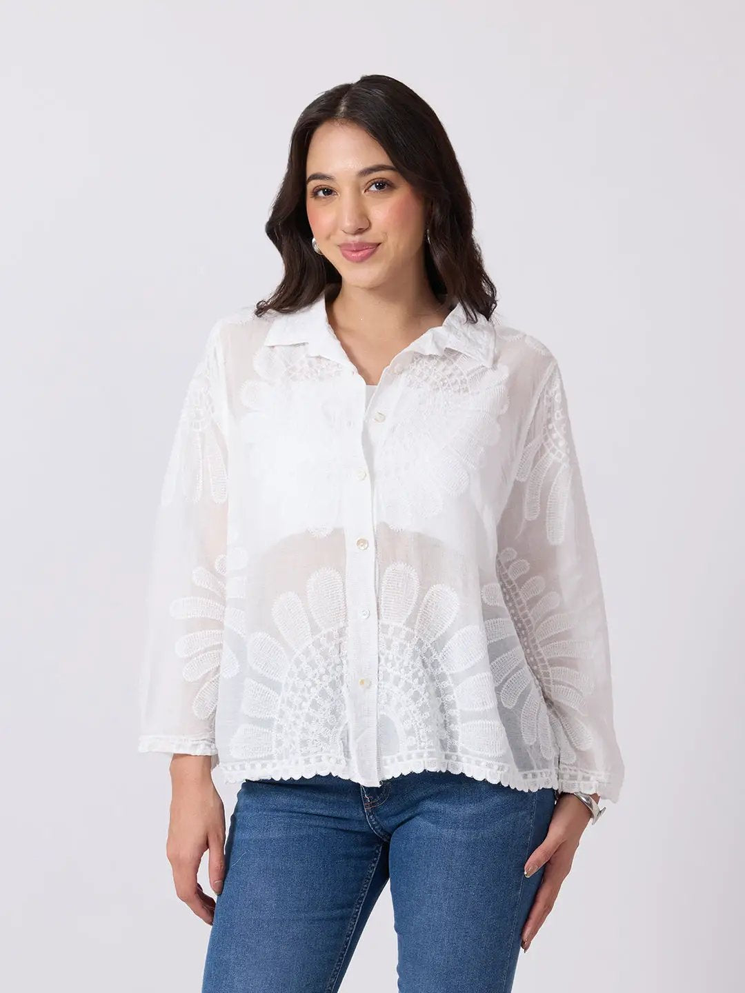 Women's White Floral Embroidered Shirt with Collar Neck and Scalloped Hem