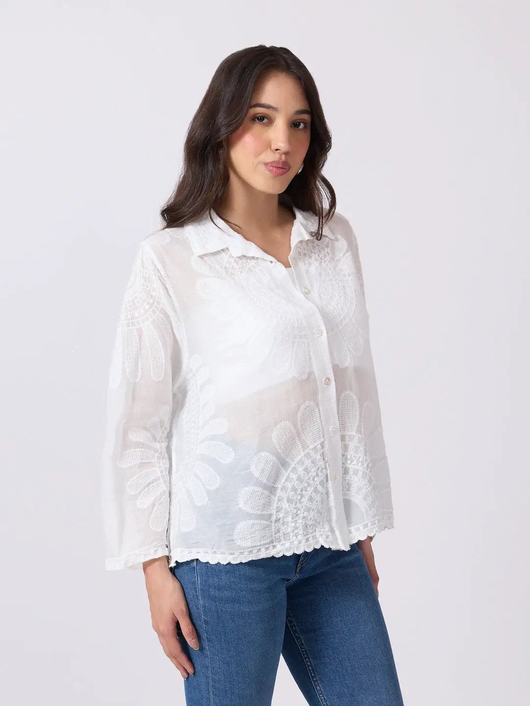 Women's White Floral Embroidered Shirt with Collar Neck and Scalloped Hem