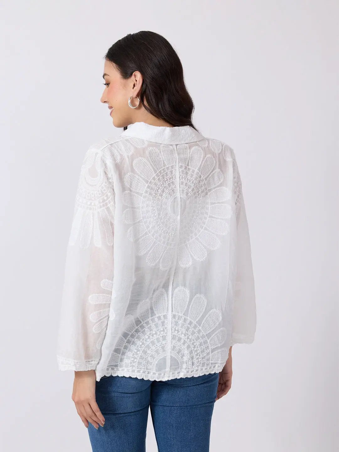 Women's White Floral Embroidered Shirt with Collar Neck and Scalloped Hem