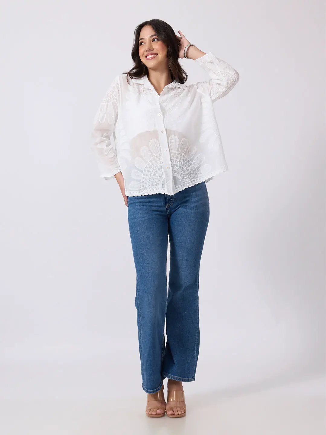Women's White Floral Embroidered Shirt with Collar Neck and Scalloped Hem
