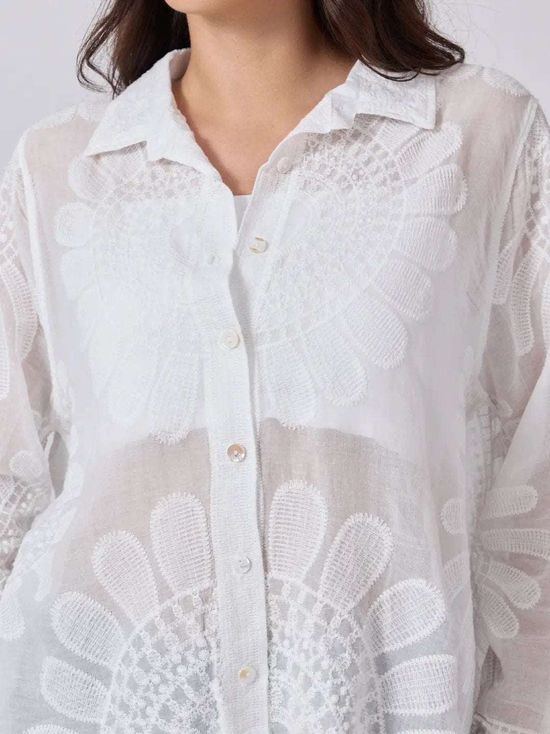 Women's White Floral Embroidered Shirt with Collar Neck and Scalloped Hem