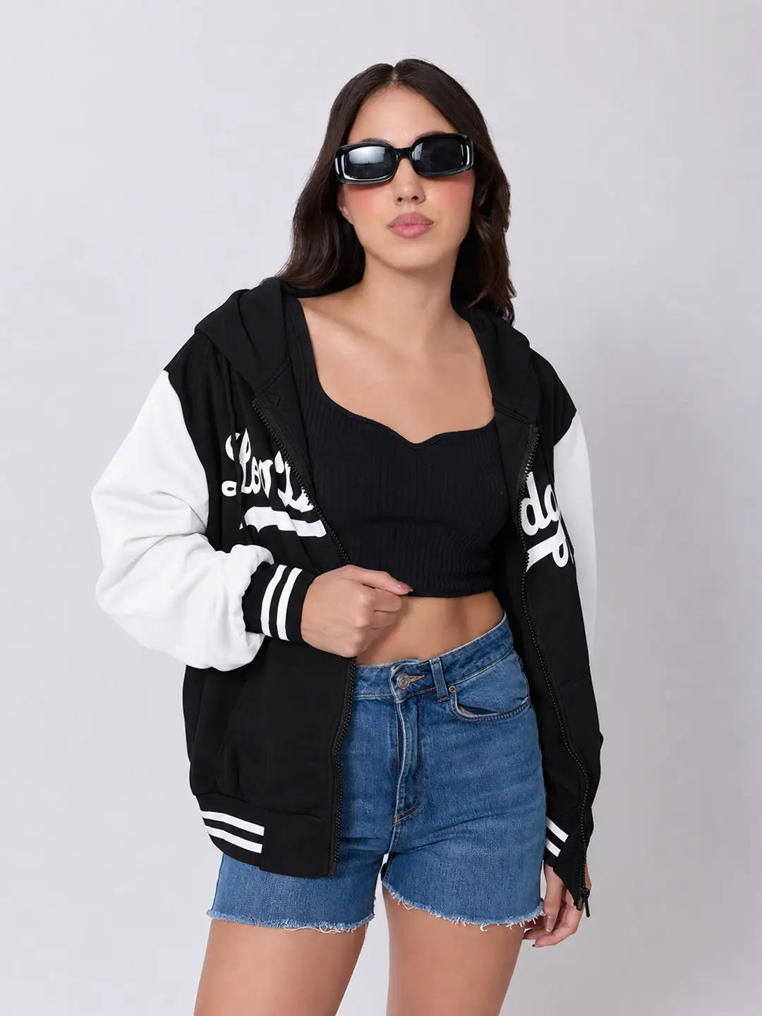 Women's Printed Black Hooded Jacket with Contrast Sleeves and Striped Ribbed Hem