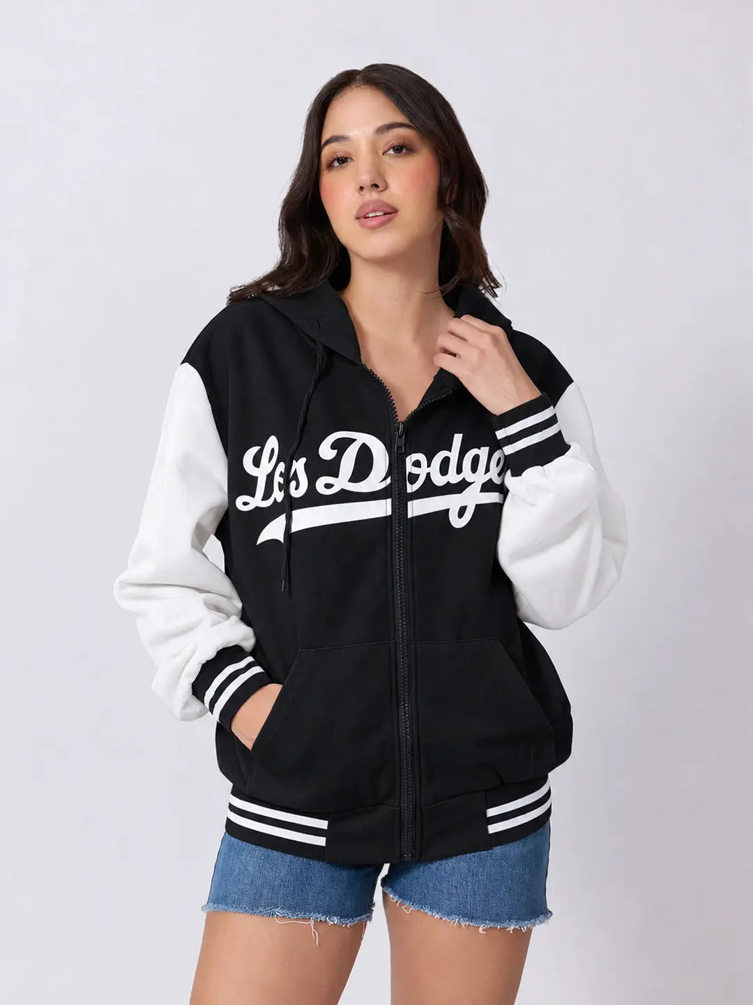 Women's Printed Black Hooded Jacket with Contrast Sleeves and Striped Ribbed Hem