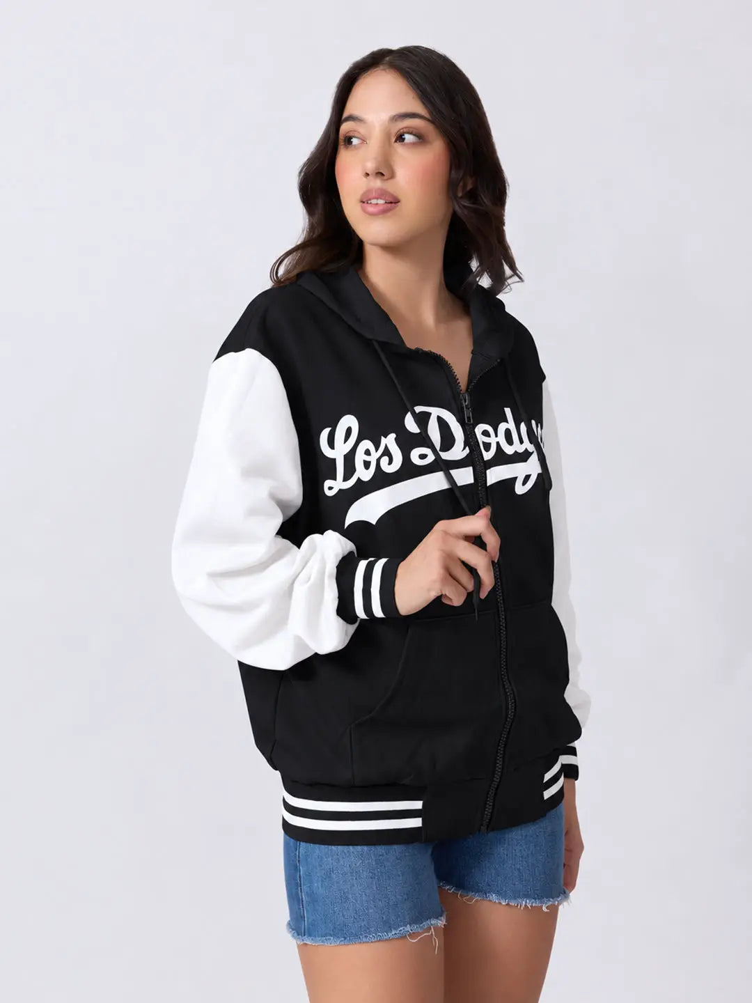 Women's Printed Black Hooded Jacket with Contrast Sleeves and Striped Ribbed Hem