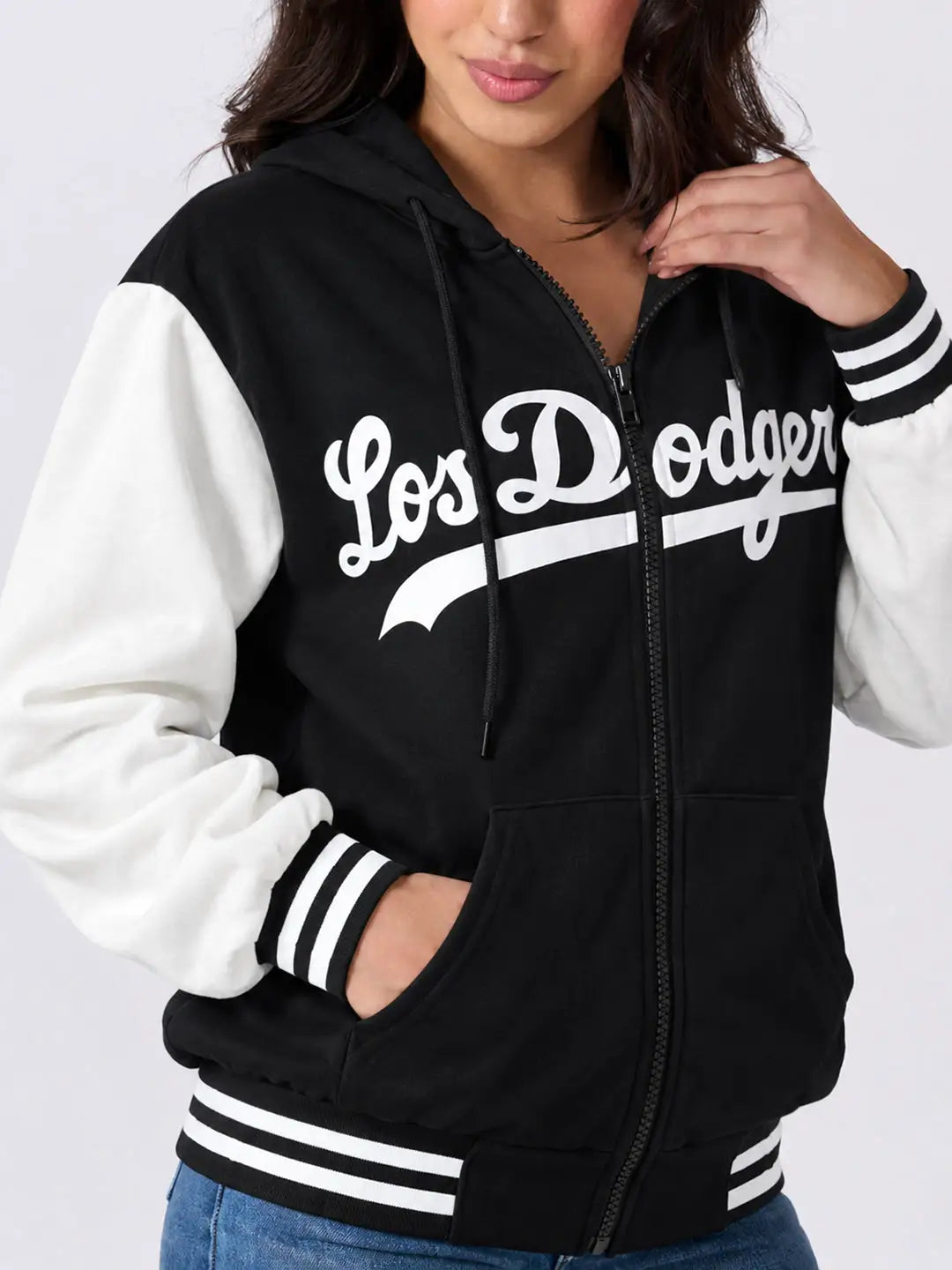 Women's Printed Black Hooded Jacket with Contrast Sleeves and Striped Ribbed Hem