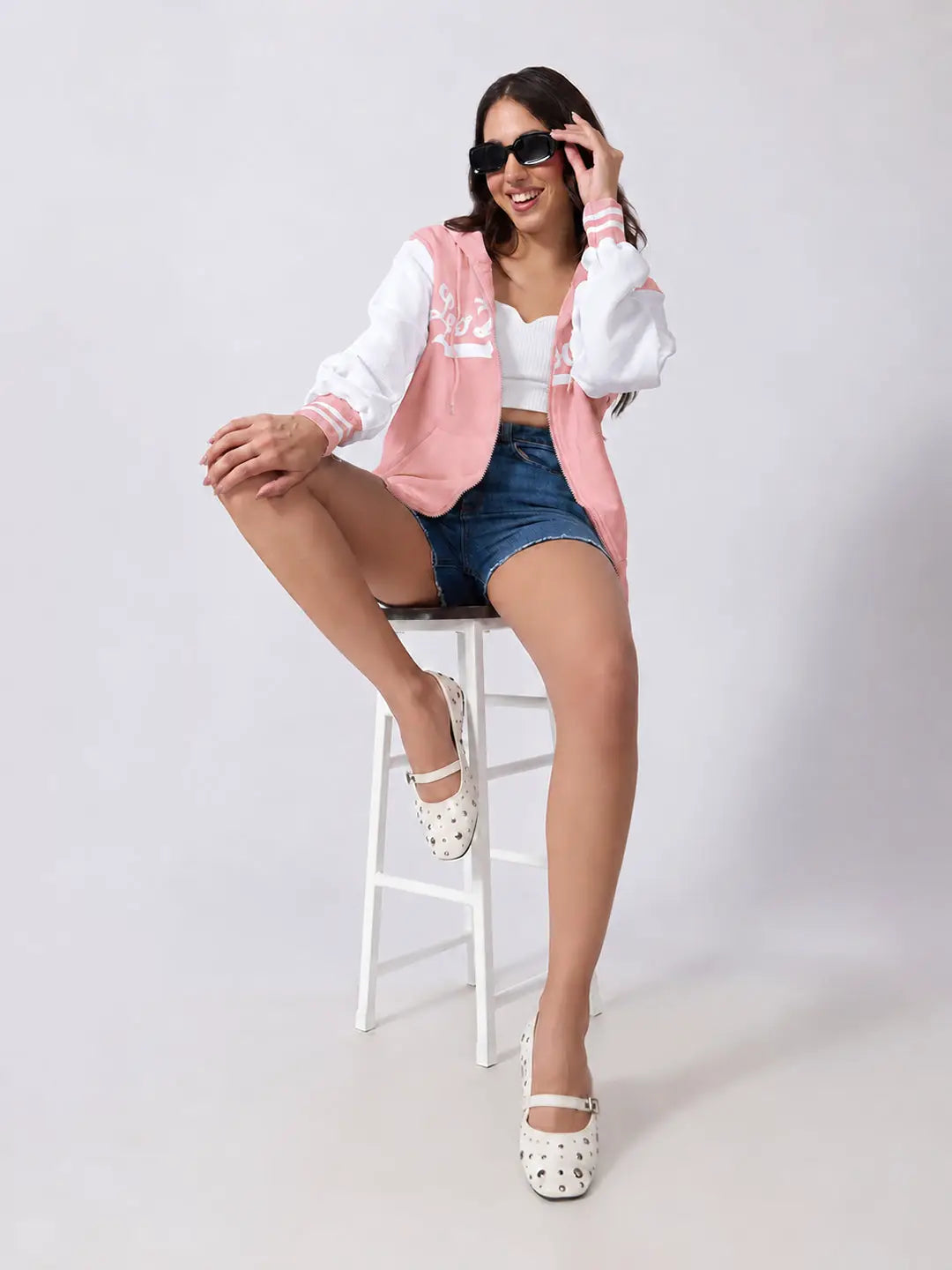 Women's Printed Pink Hooded Jacket with Contrast Sleeves and Striped Ribbed Hem