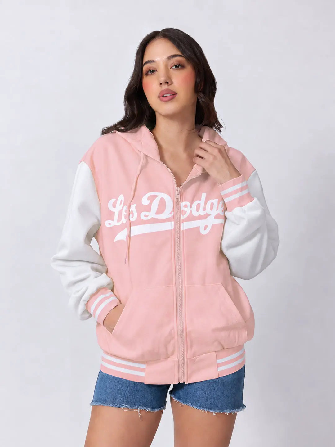 Women's Printed Pink Hooded Jacket with Contrast Sleeves and Striped Ribbed Hem
