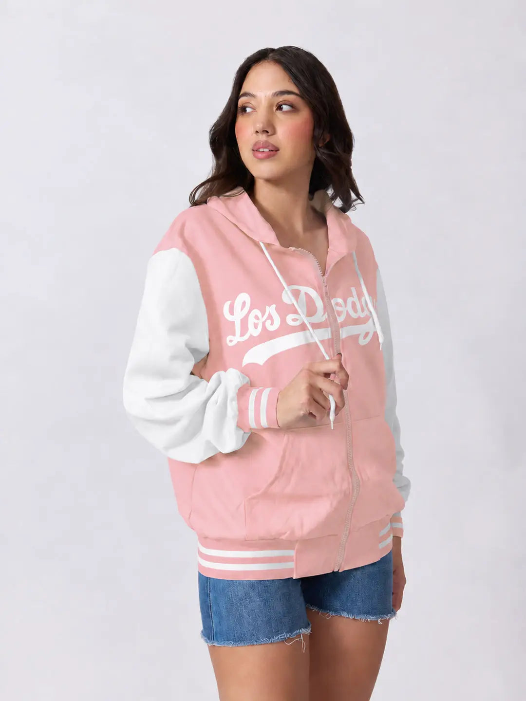 Women's Printed Pink Hooded Jacket with Contrast Sleeves and Striped Ribbed Hem