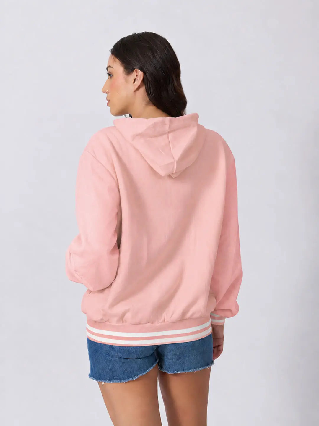 Women's Printed Pink Hooded Jacket with Contrast Sleeves and Striped Ribbed Hem
