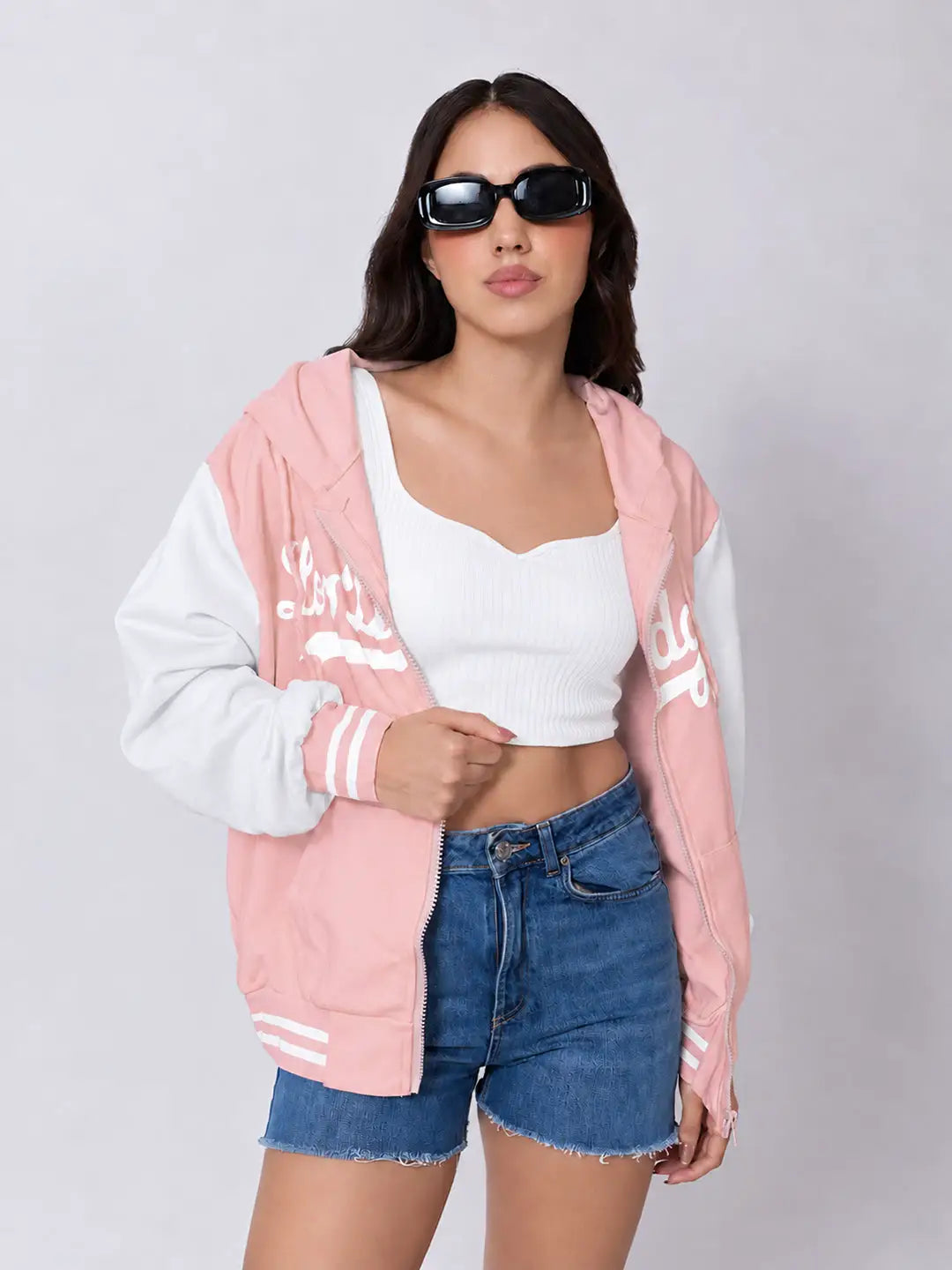 Women's Printed Pink Hooded Jacket with Contrast Sleeves and Striped Ribbed Hem