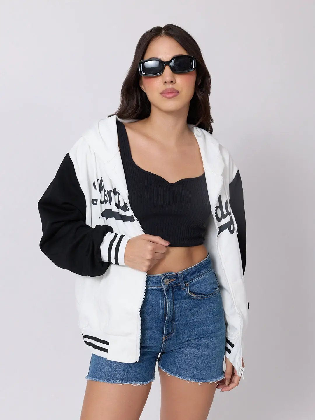 Women's Printed White Hooded Zip Up Jacket with Contrast Sleeves and Striped Ribbed Hem