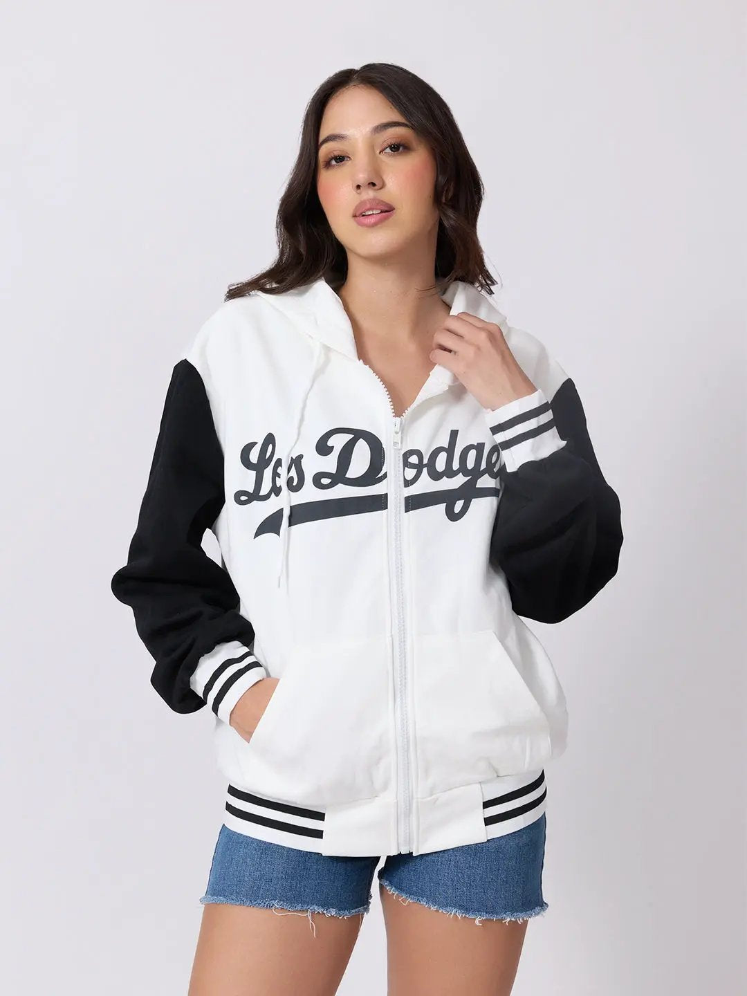 Women's Printed White Hooded Zip Up Jacket with Contrast Sleeves and Striped Ribbed Hem