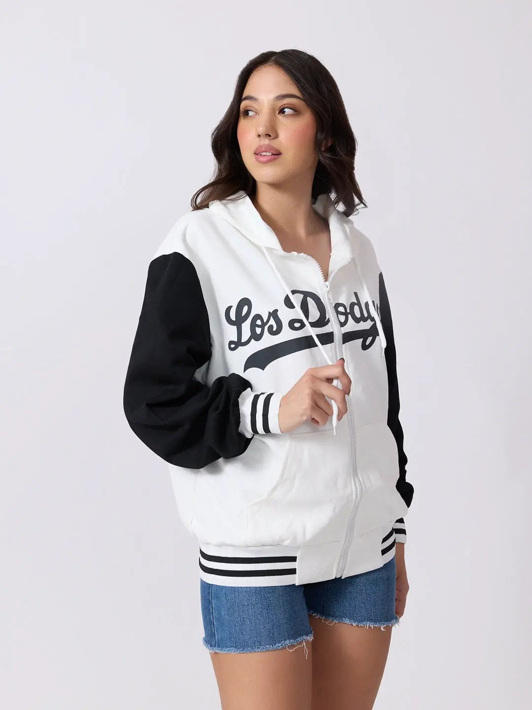 Women's Printed White Hooded Zip Up Jacket with Contrast Sleeves and Striped Ribbed Hem