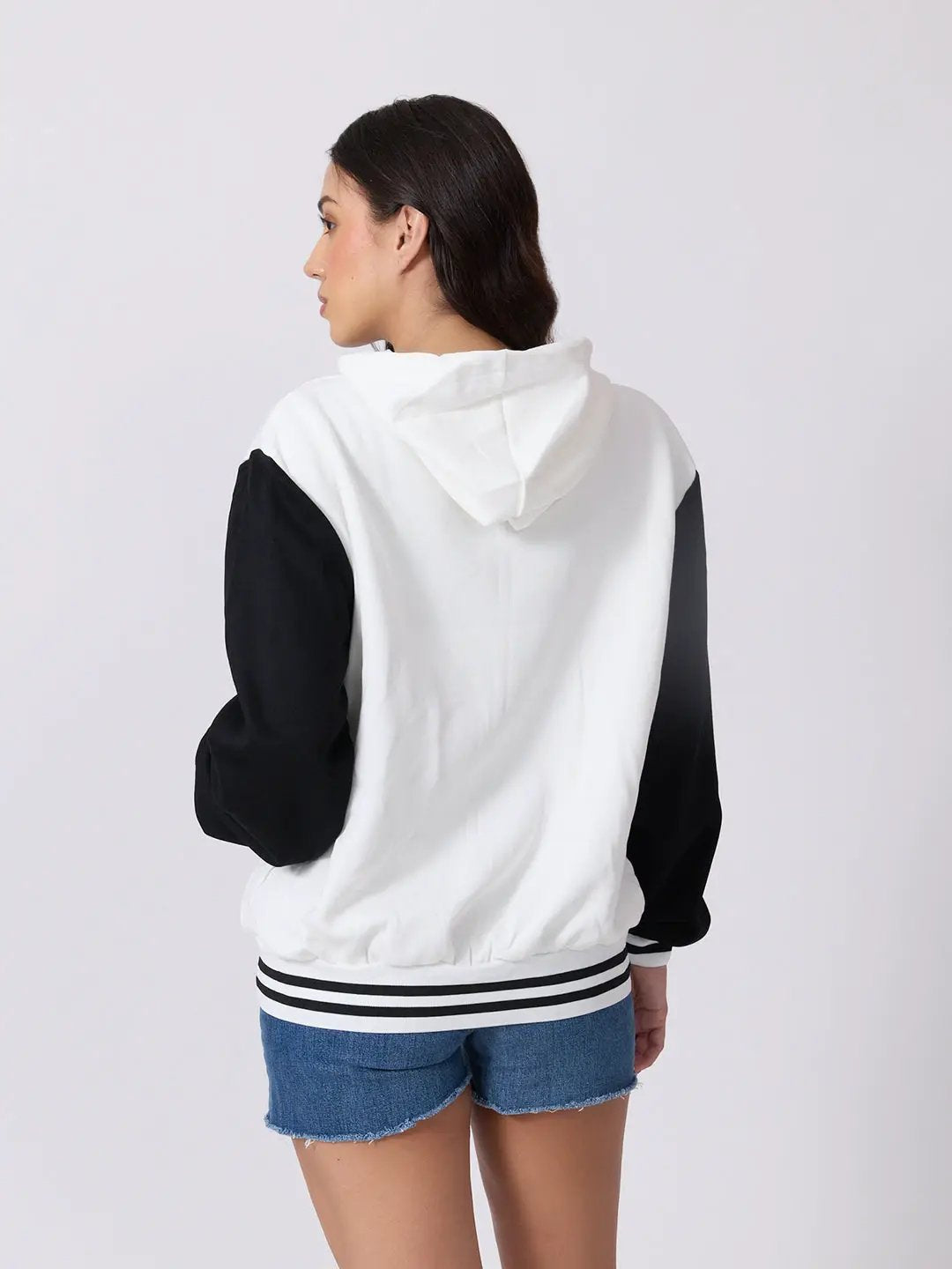 Women's Printed White Hooded Zip Up Jacket with Contrast Sleeves and Striped Ribbed Hem