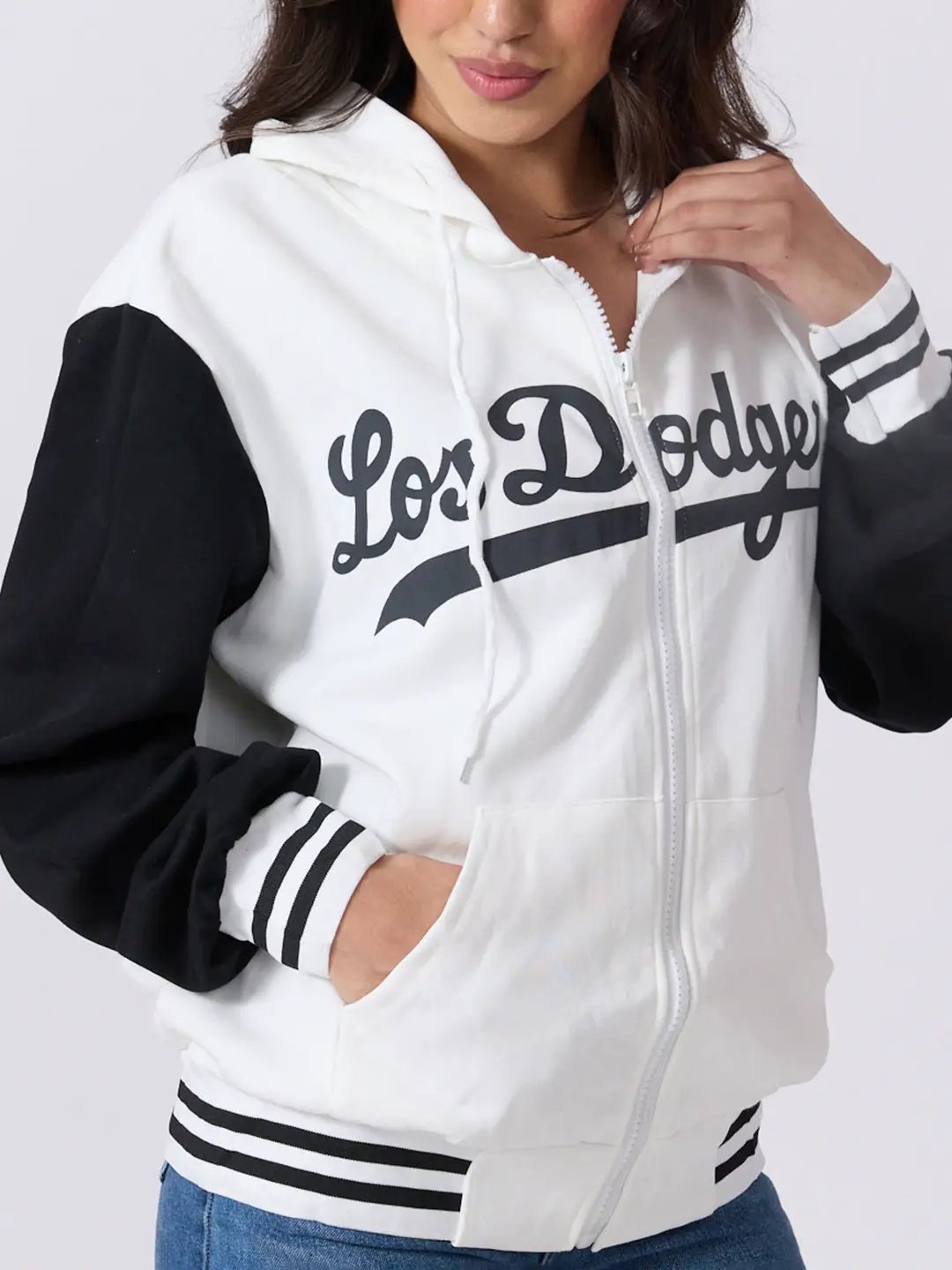 Women's Printed White Hooded Zip Up Jacket with Contrast Sleeves and Striped Ribbed Hem