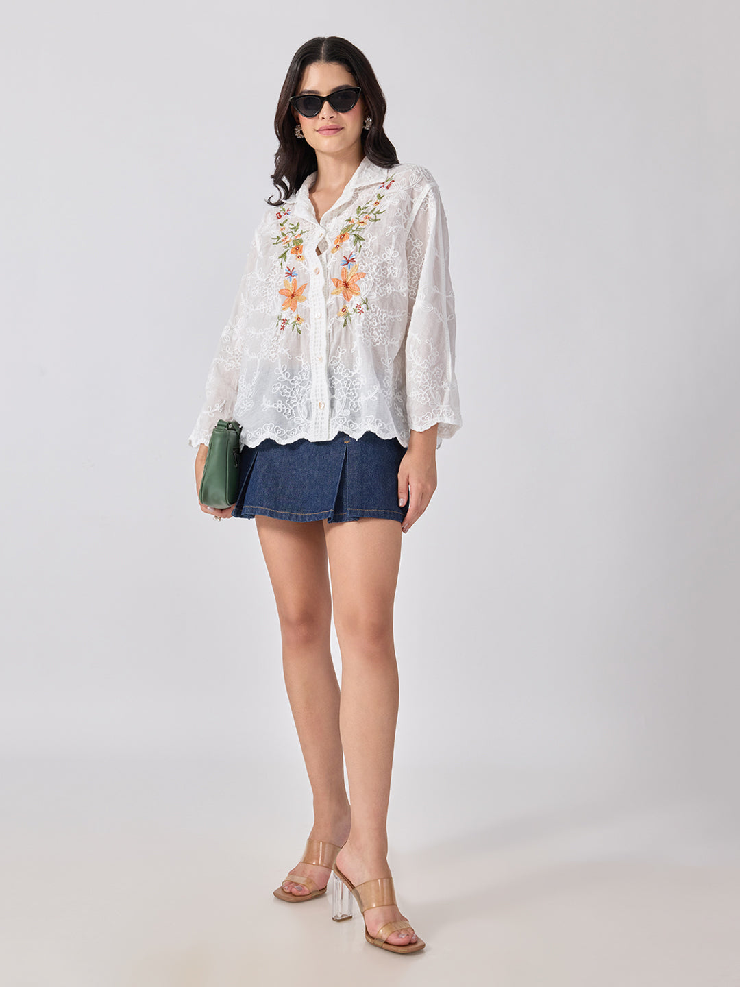 Women’s Floral Embroidered White Shirt with Scalloped Hem