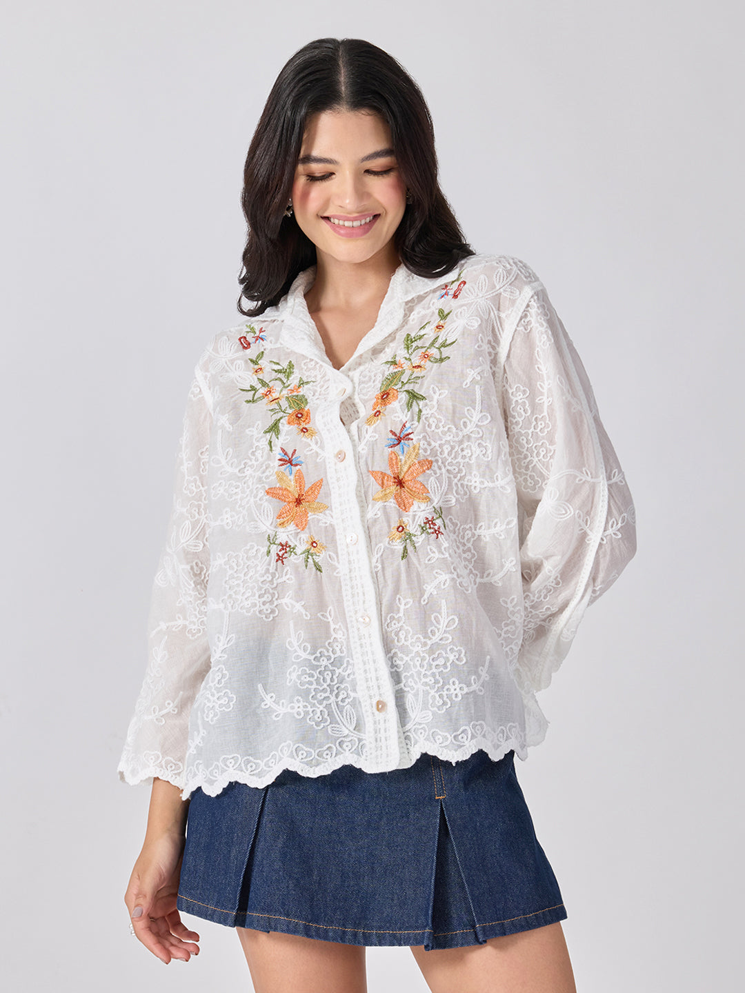 Women’s Floral Embroidered White Shirt with Scalloped Hem