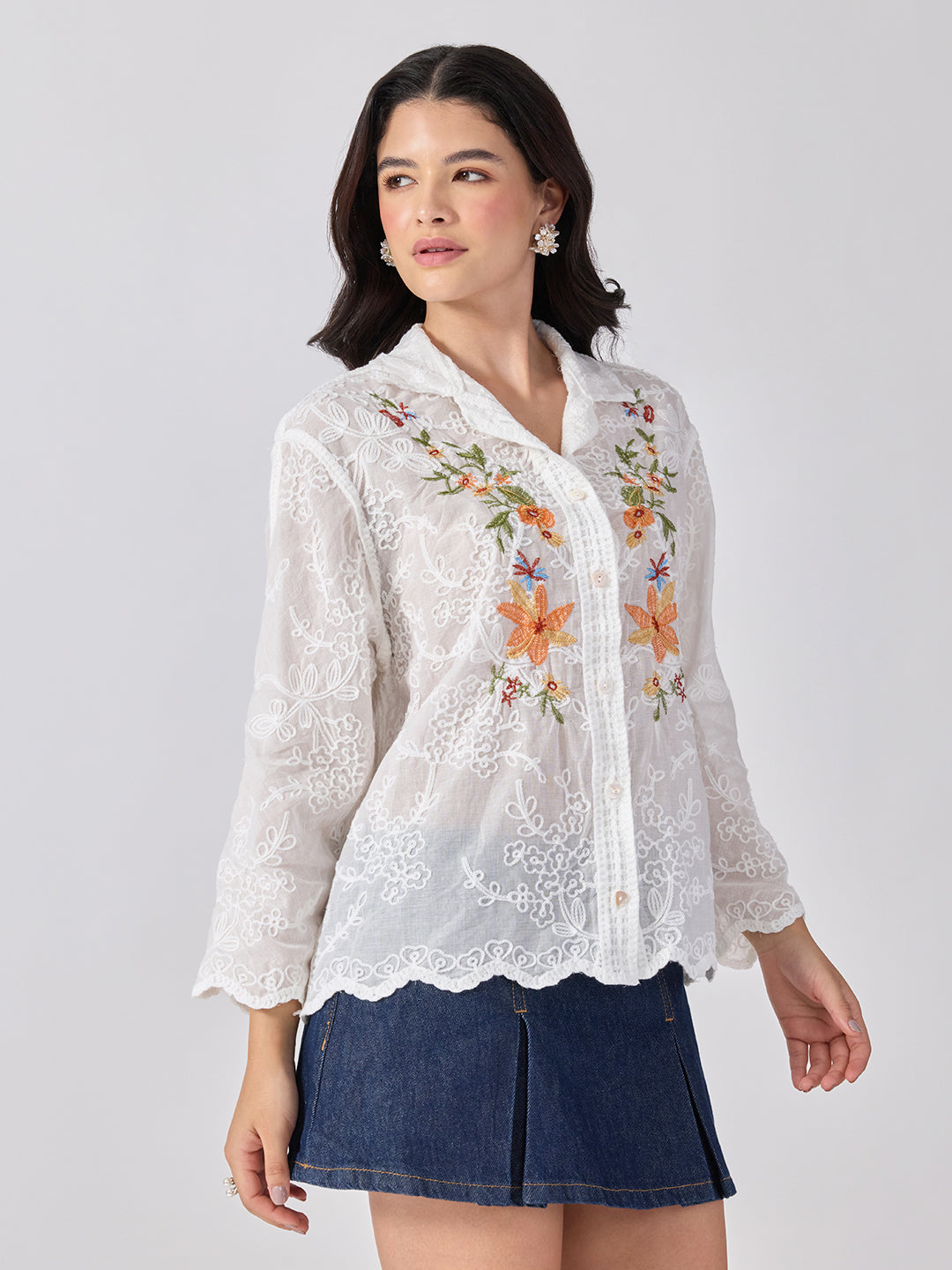 Women’s Floral Embroidered White Shirt with Scalloped Hem