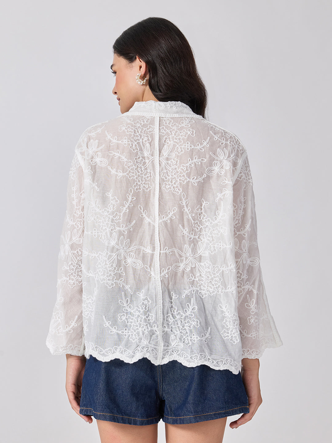 Women’s Floral Embroidered White Shirt with Scalloped Hem