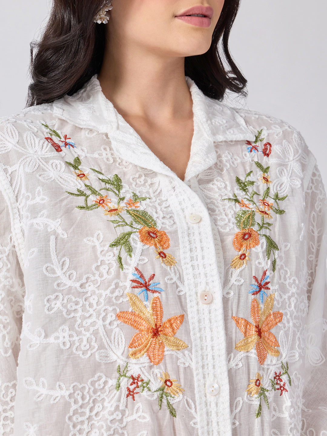 Women’s Floral Embroidered White Shirt with Scalloped Hem